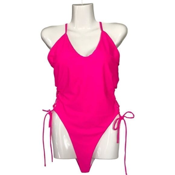 Hot Pink Lace Up One Piece Swimsuit - Picture 1 of 12